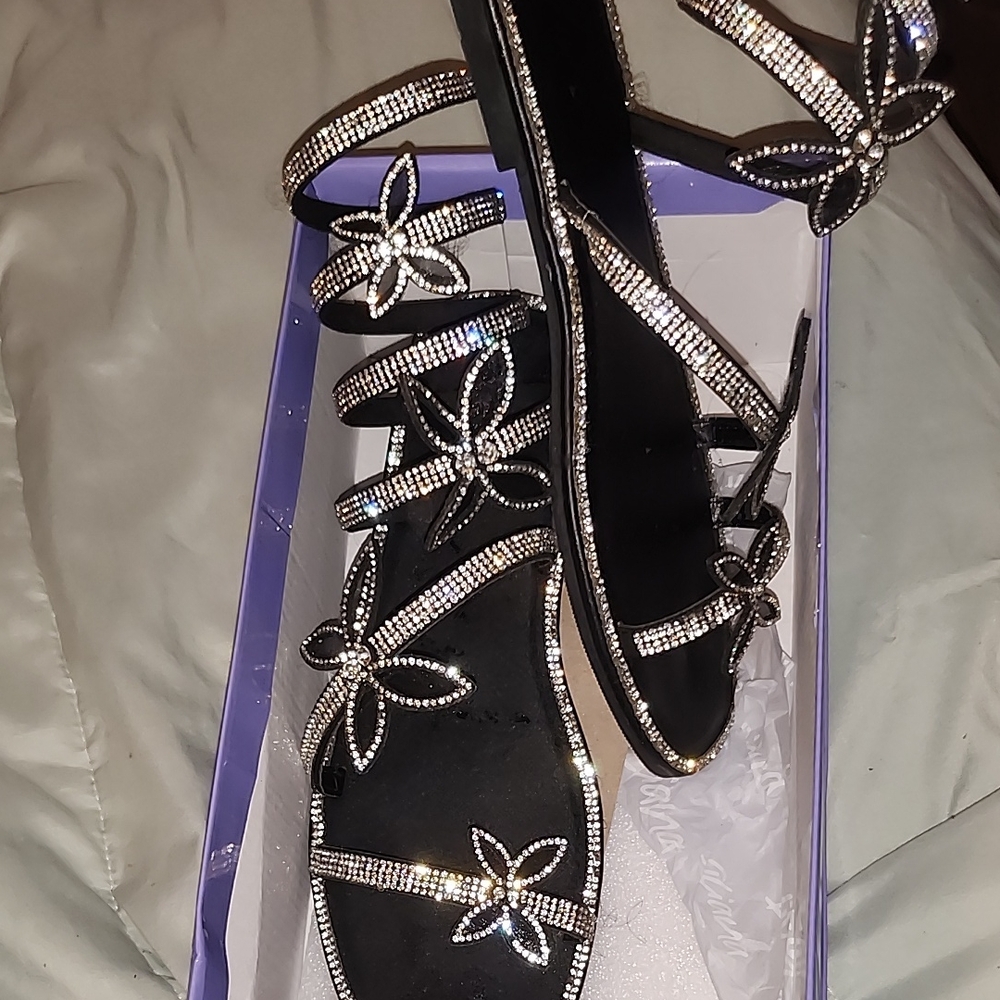 Liliana Black and Silver Sandals with Sparkling Embellishments
